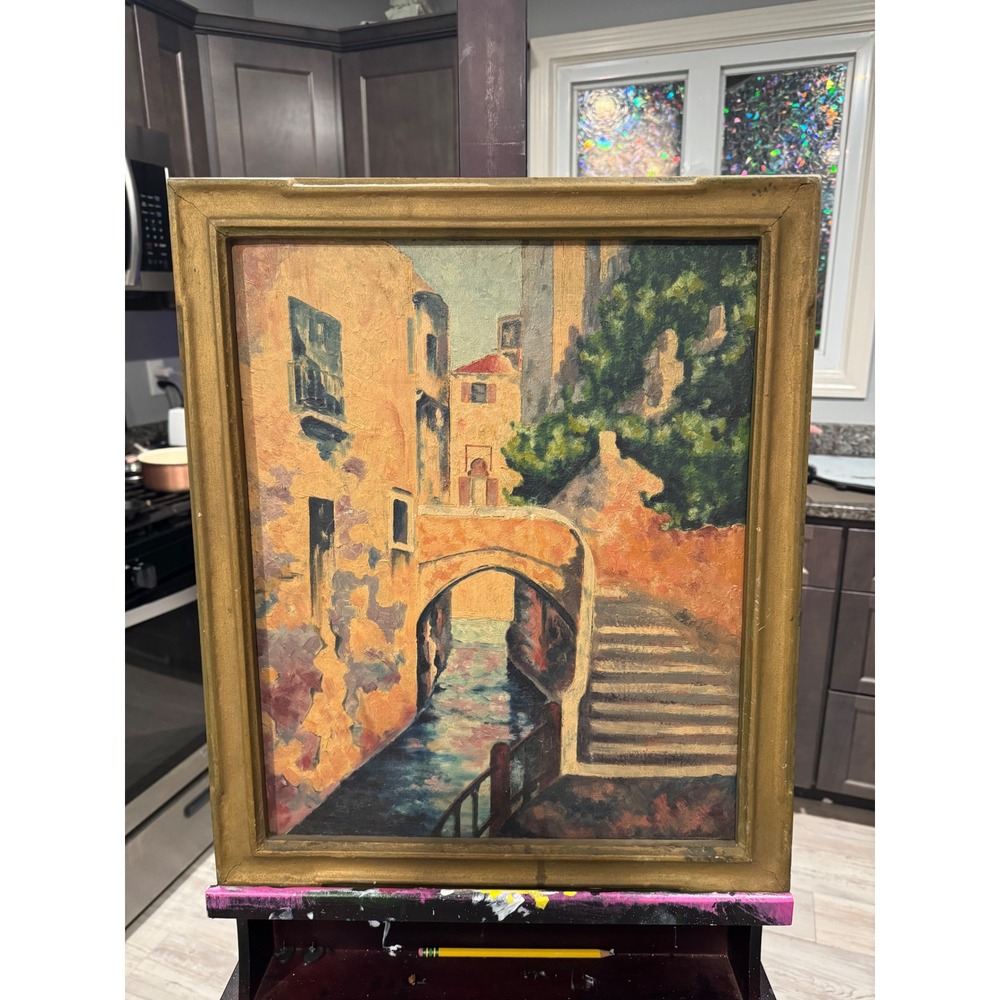 Vintage European Canal Oil Painting Framed Impressionist Cityscape 21.5x17.5